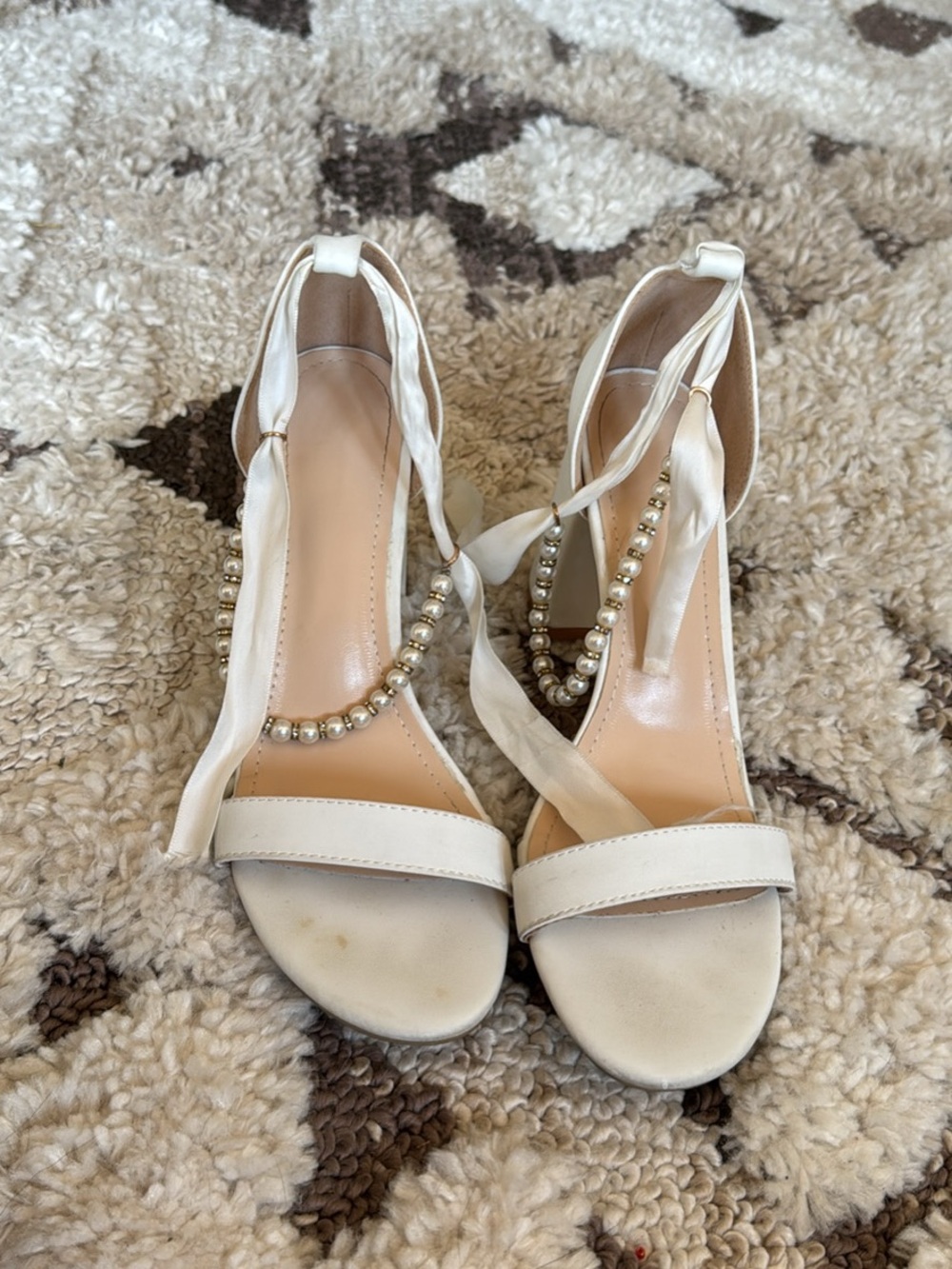 Pearl-Embellished Cream Ankle-Tie Heels